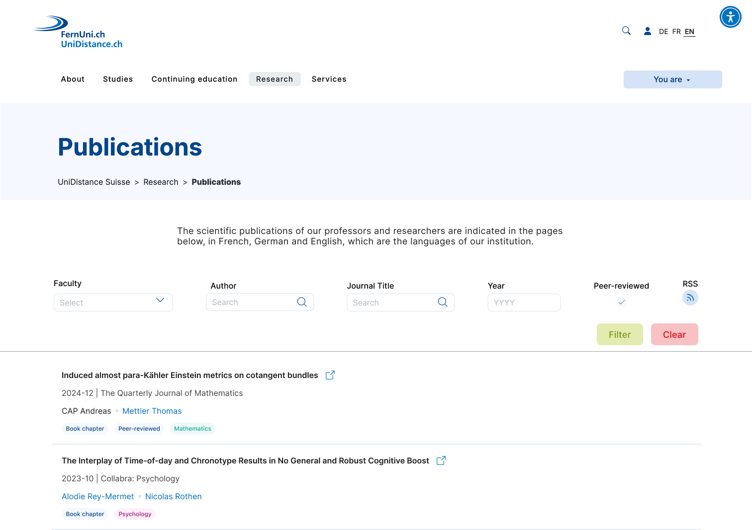 Publications' index page screenshot